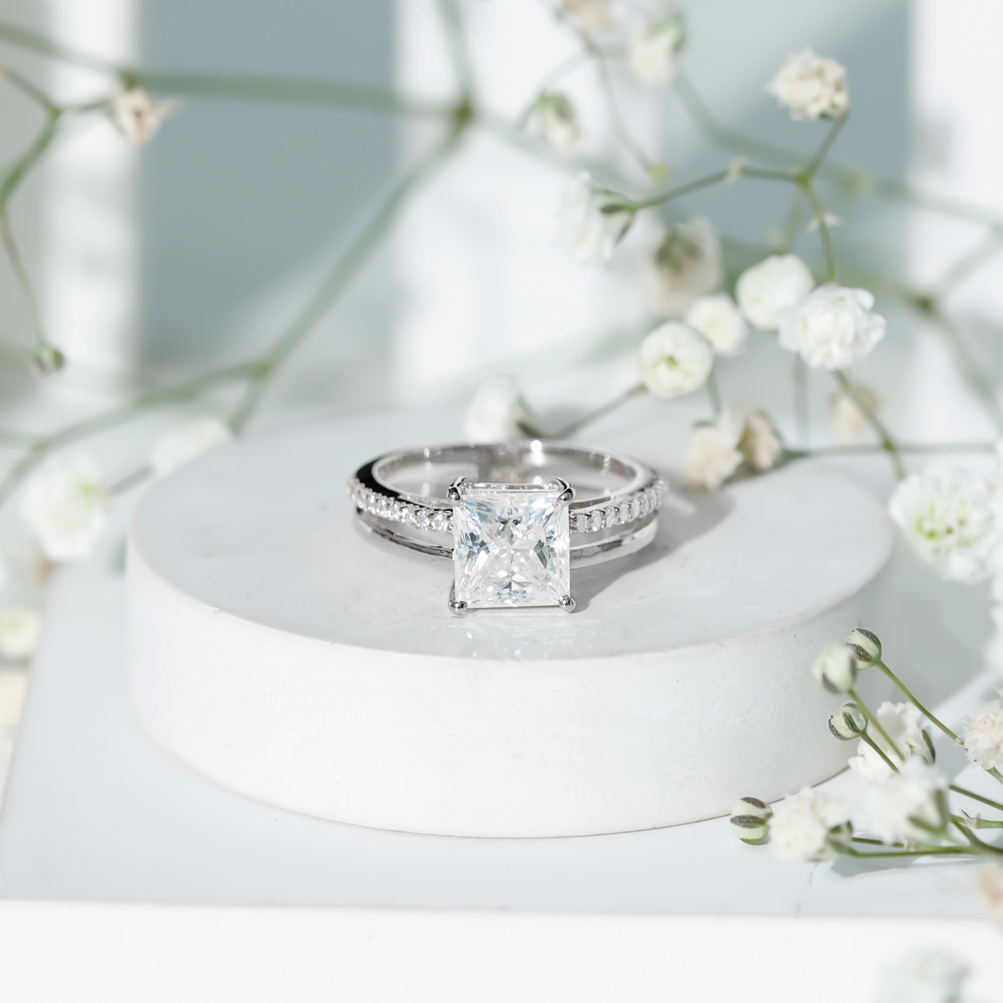 Princess Cut Solitaire Moissanite Double Band Engagement Ring