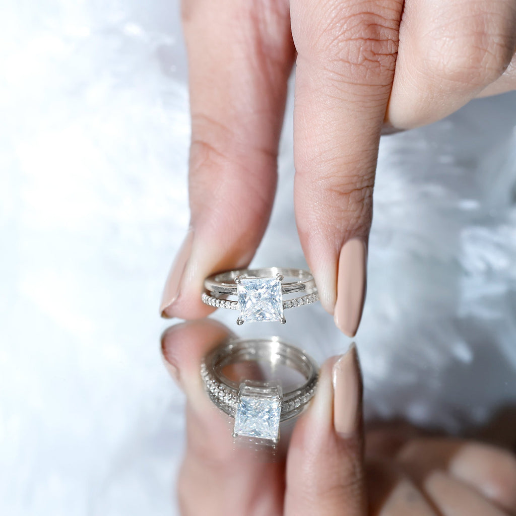 Princess Cut Solitaire Moissanite Double Band Engagement Ring