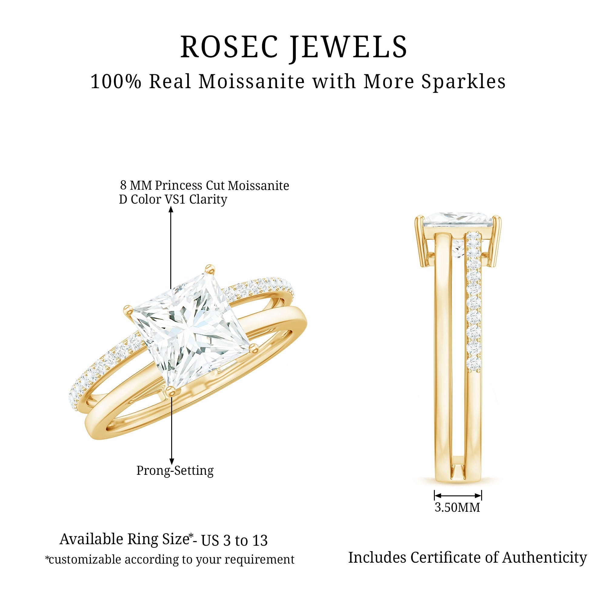 Princess Cut Solitaire Moissanite Double Band Engagement Ring
