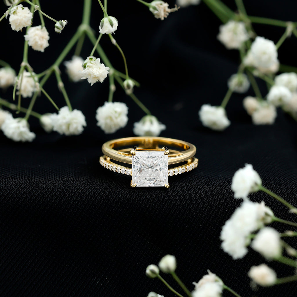 Princess Cut Solitaire Moissanite Double Band Engagement Ring