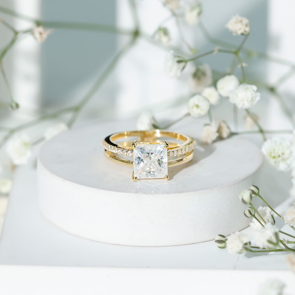 Princess Cut Solitaire Moissanite Double Band Engagement Ring