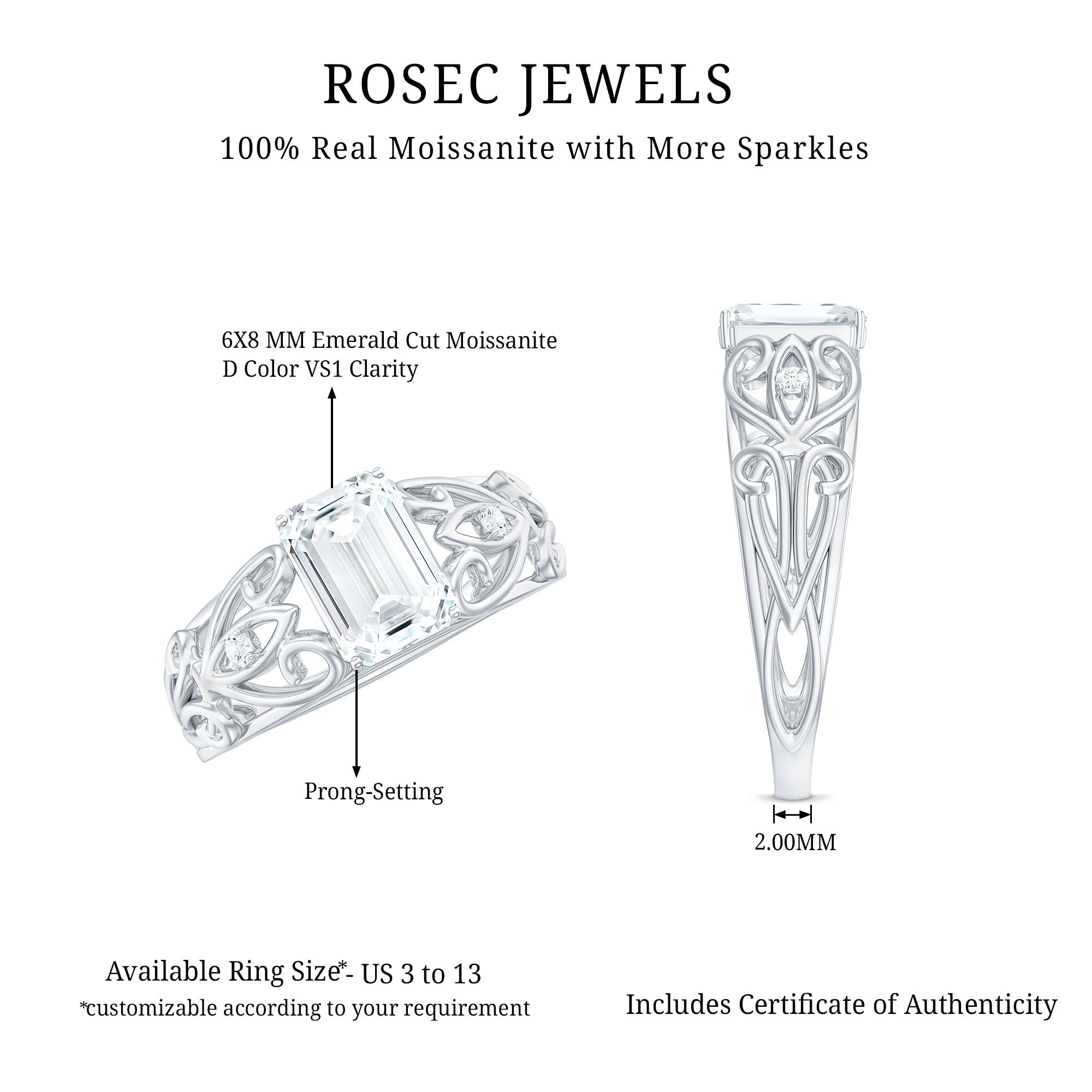 6X8 MM Emerald Cut Moissanite Vintage Inspired Solitaire Ring