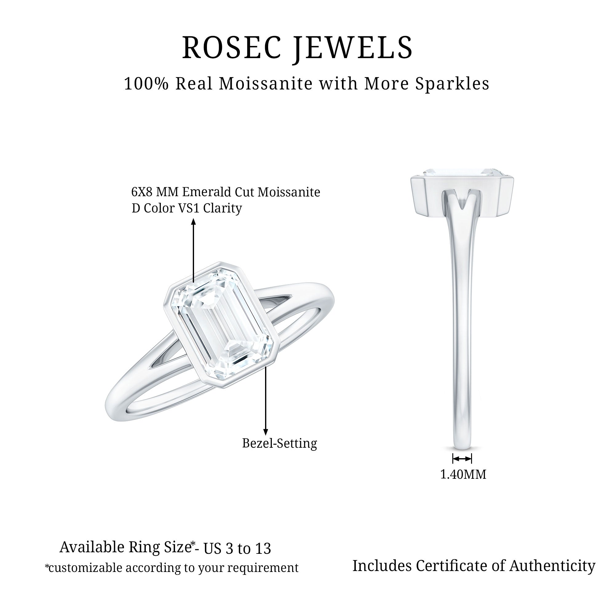 6X8mm Emerald Cut Moissanite Bezel Set Engagement Ring with Split Shank