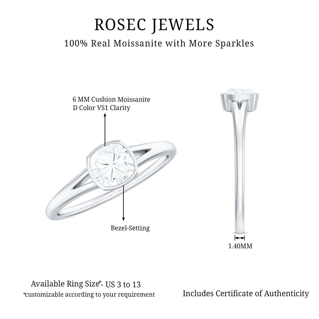 6mm Cushion Cut Moissanite Solitaire Split Shank Ring