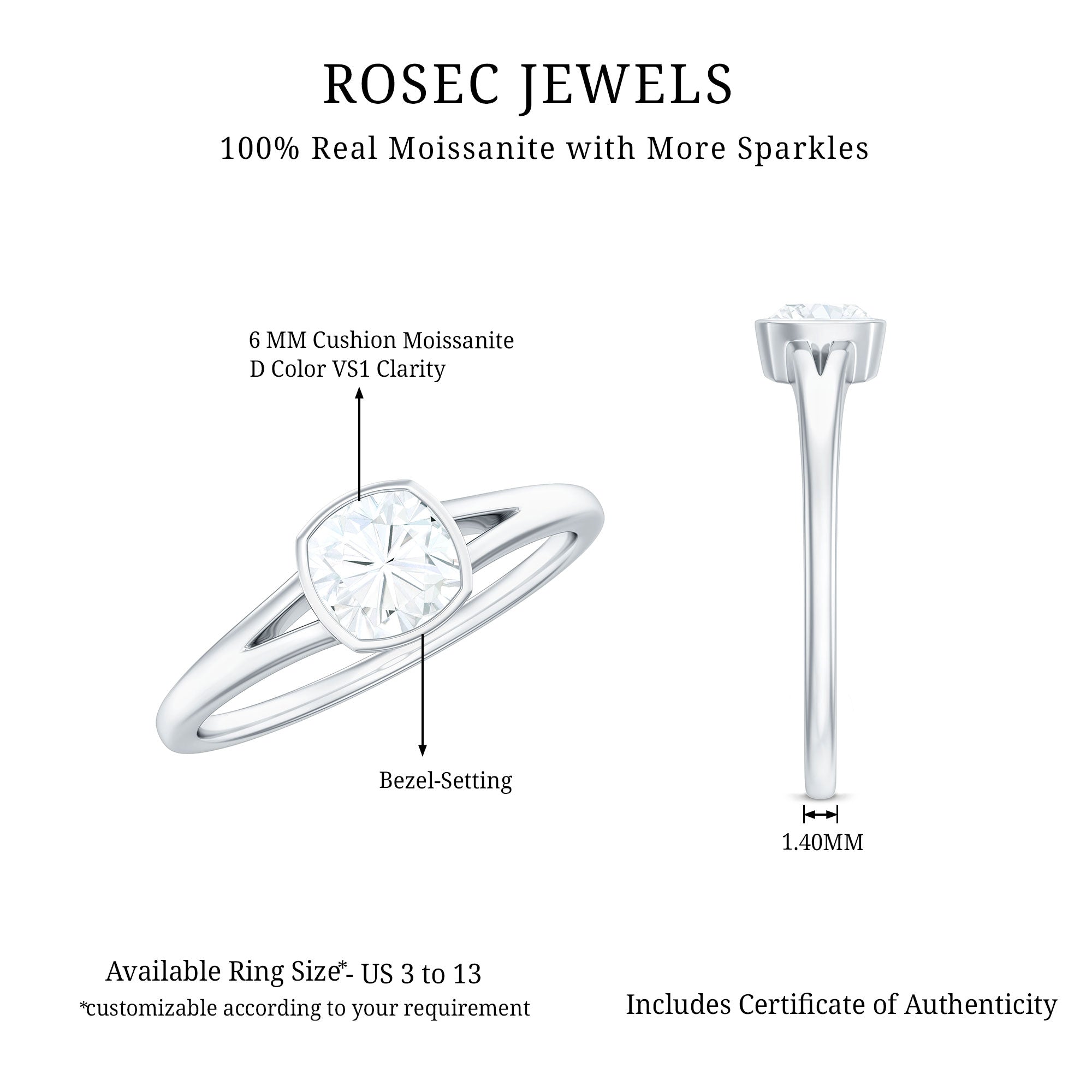 6mm Cushion Cut Moissanite Solitaire Split Shank Ring