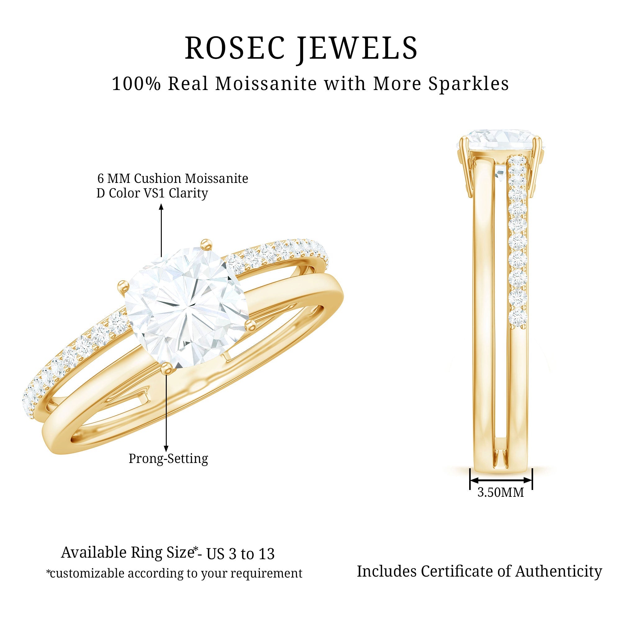 6X6 MM Certified Moissanite Solitaire Double Band Engagement Ring