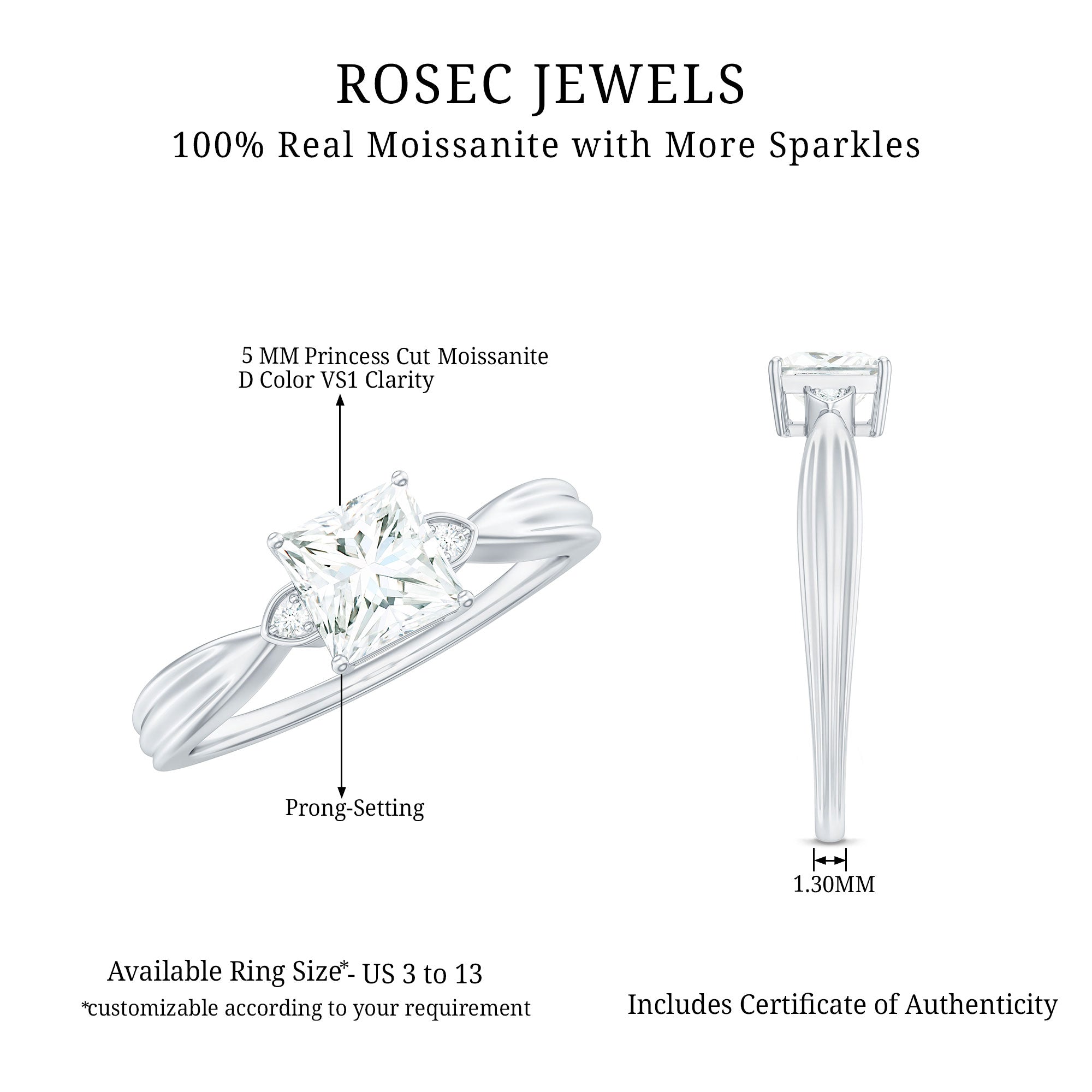 5MM Princess Cut Moissanite Solitaire Promise Ring for Her