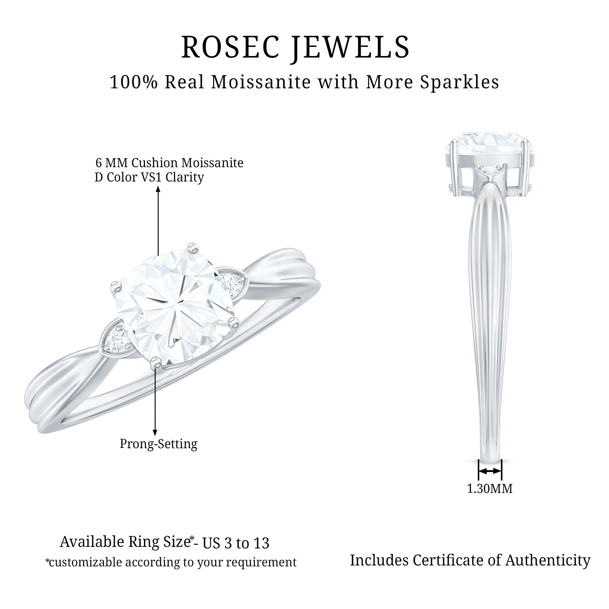 Brilliant Cut 6mm Moissanite Cushion Engagement Ring