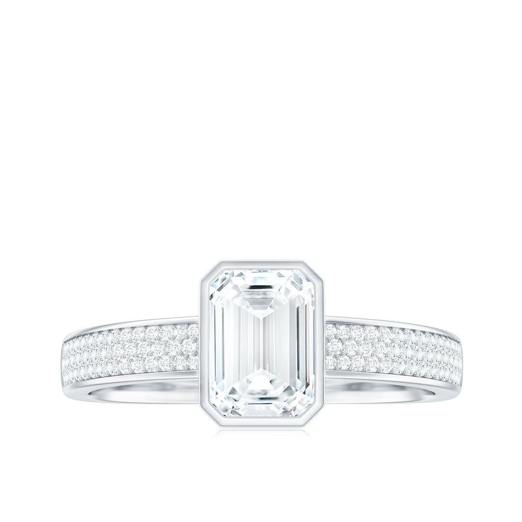 6X8mm Emerald Cut Moissanite Bezel Set Engagement Ring with Side Stones