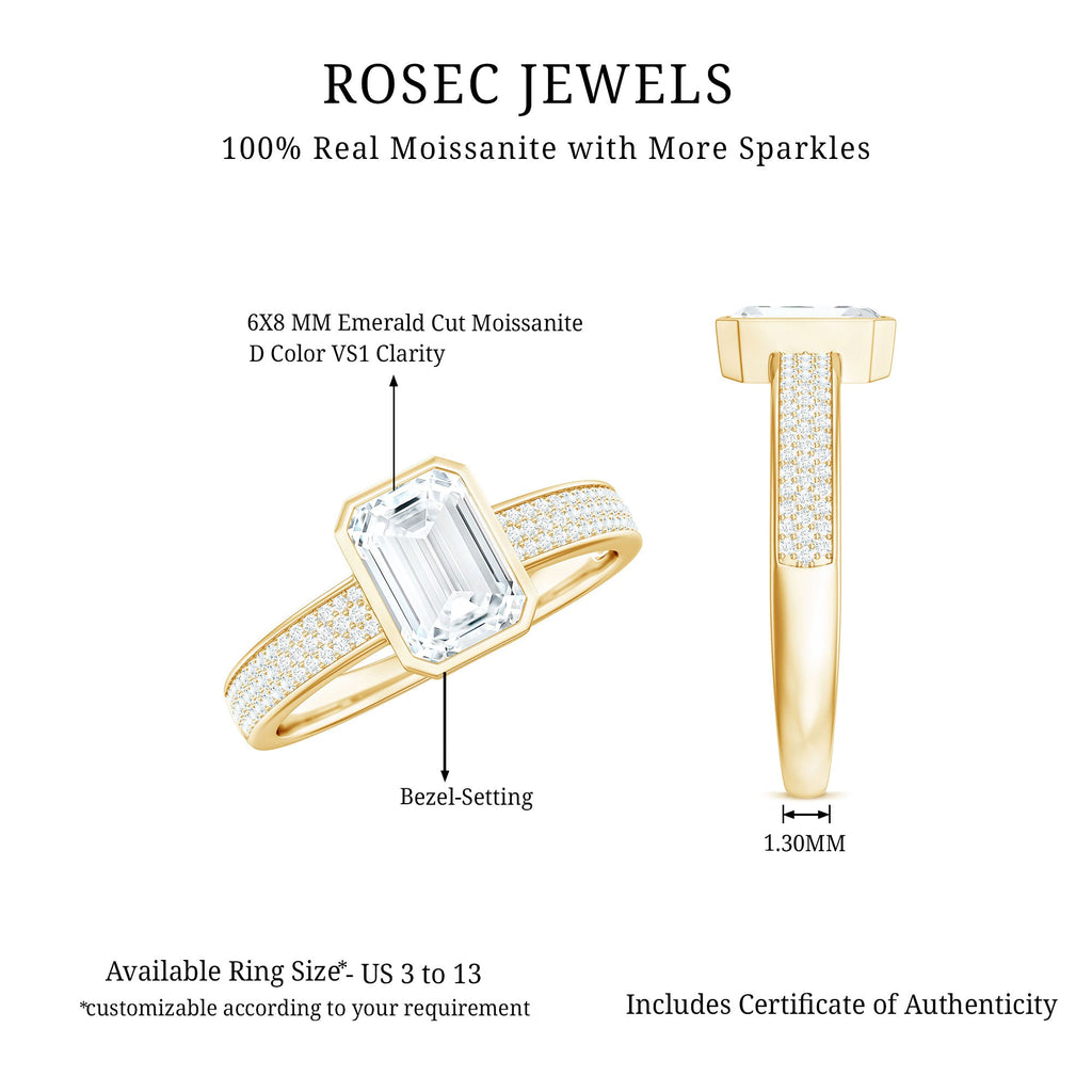 6X8mm Emerald Cut Moissanite Bezel Set Engagement Ring with Side Stones