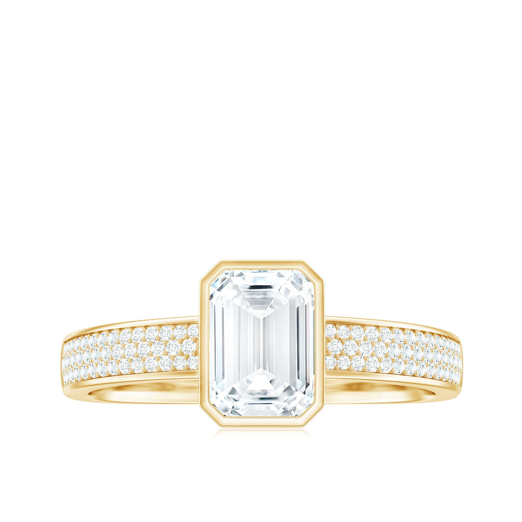 6X8mm Emerald Cut Moissanite Bezel Set Engagement Ring with Side Stones