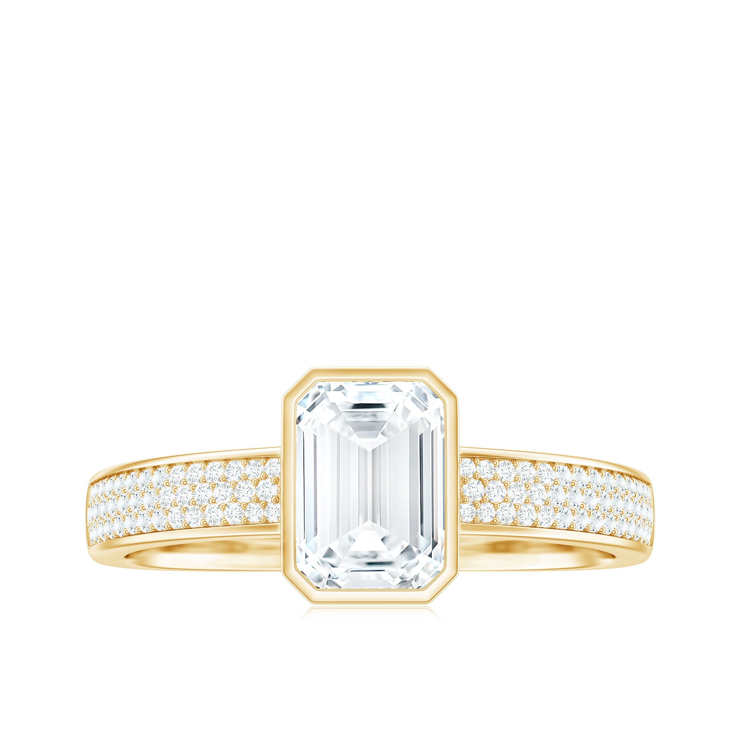 6X8mm Emerald Cut Moissanite Bezel Set Engagement Ring with Side Stones