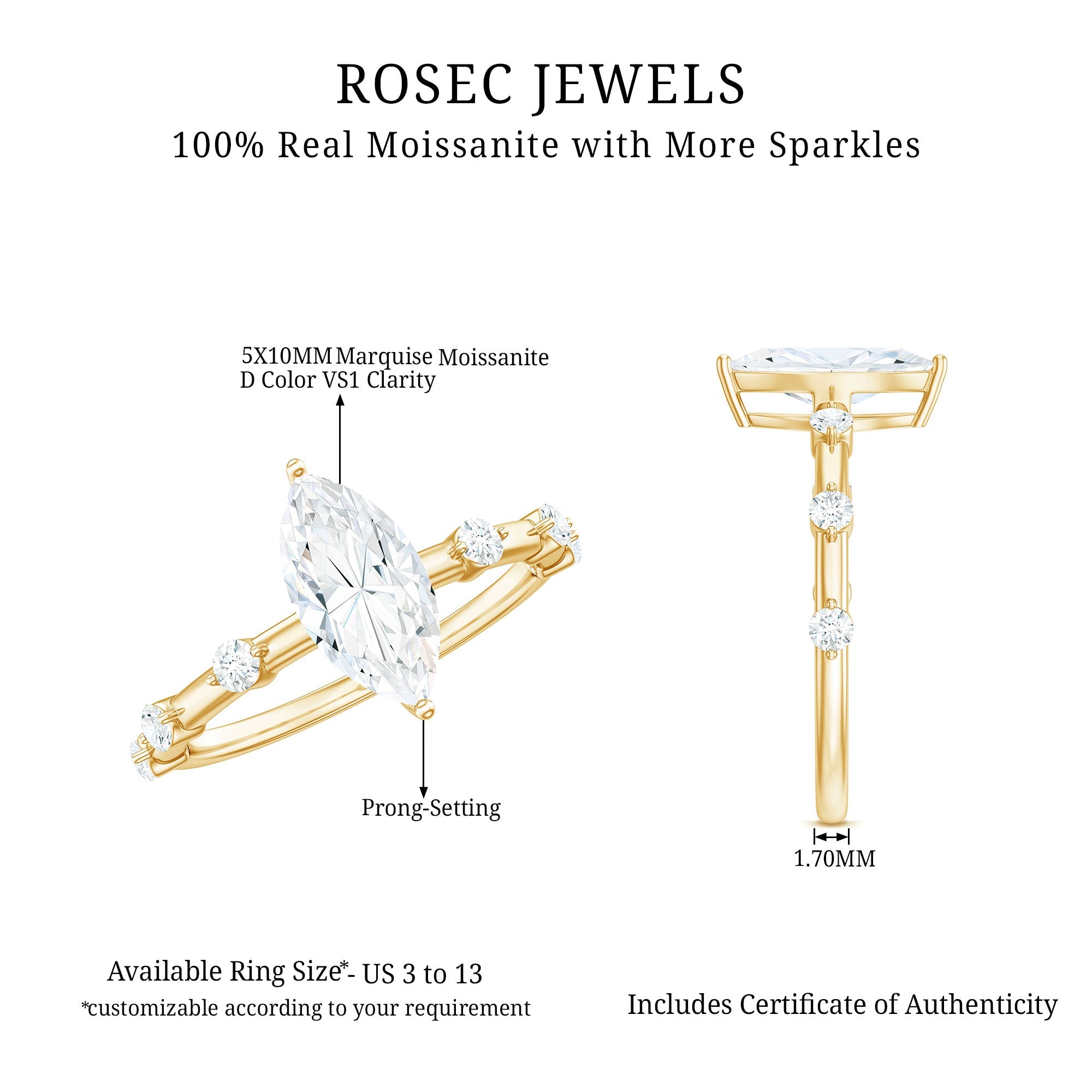 Large Marquise Cut Moissanite Solitaire Engagement Ring
