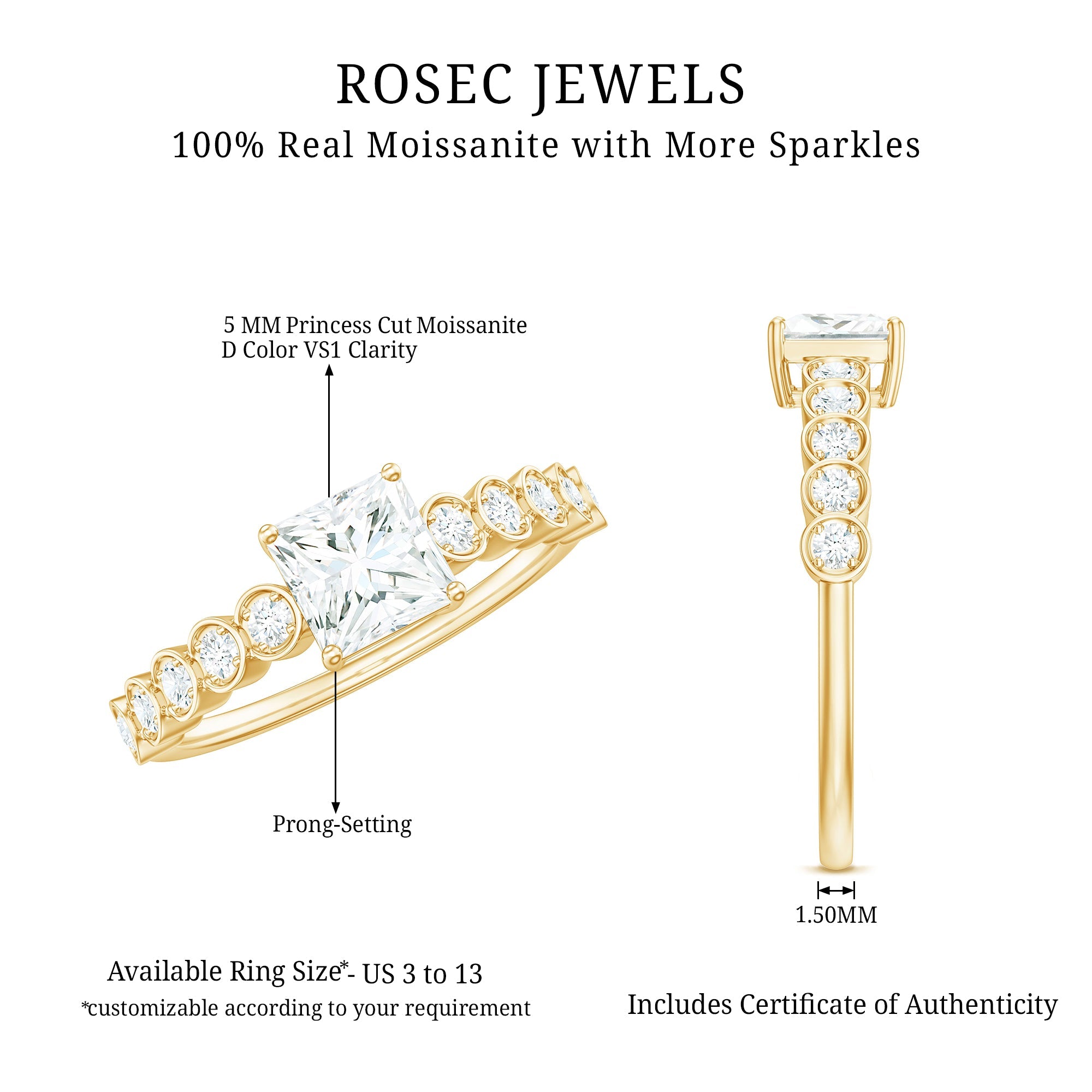 Square Cut Moissanite Engagement Ring with Side Stones