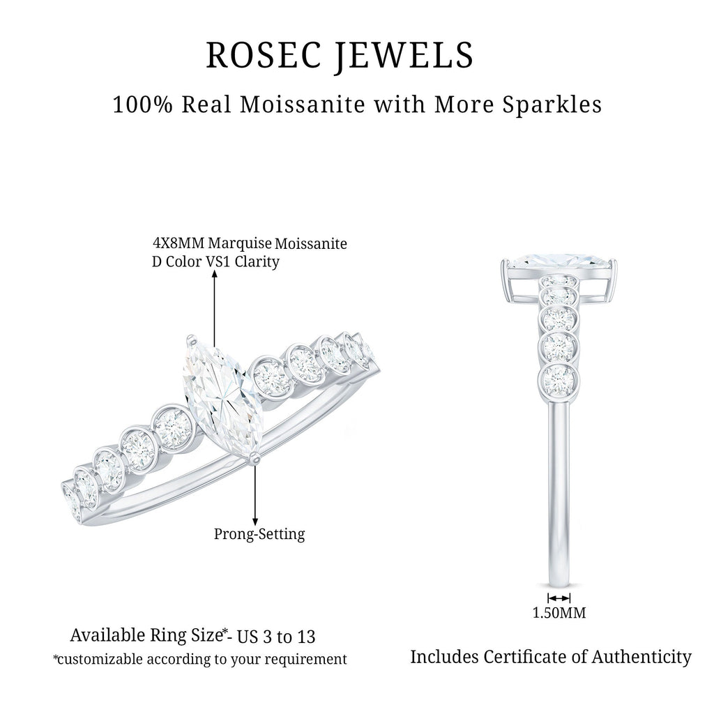 4X8mm Marquise Cut Moissanite Solitaire Engagement Ring with Side Stones