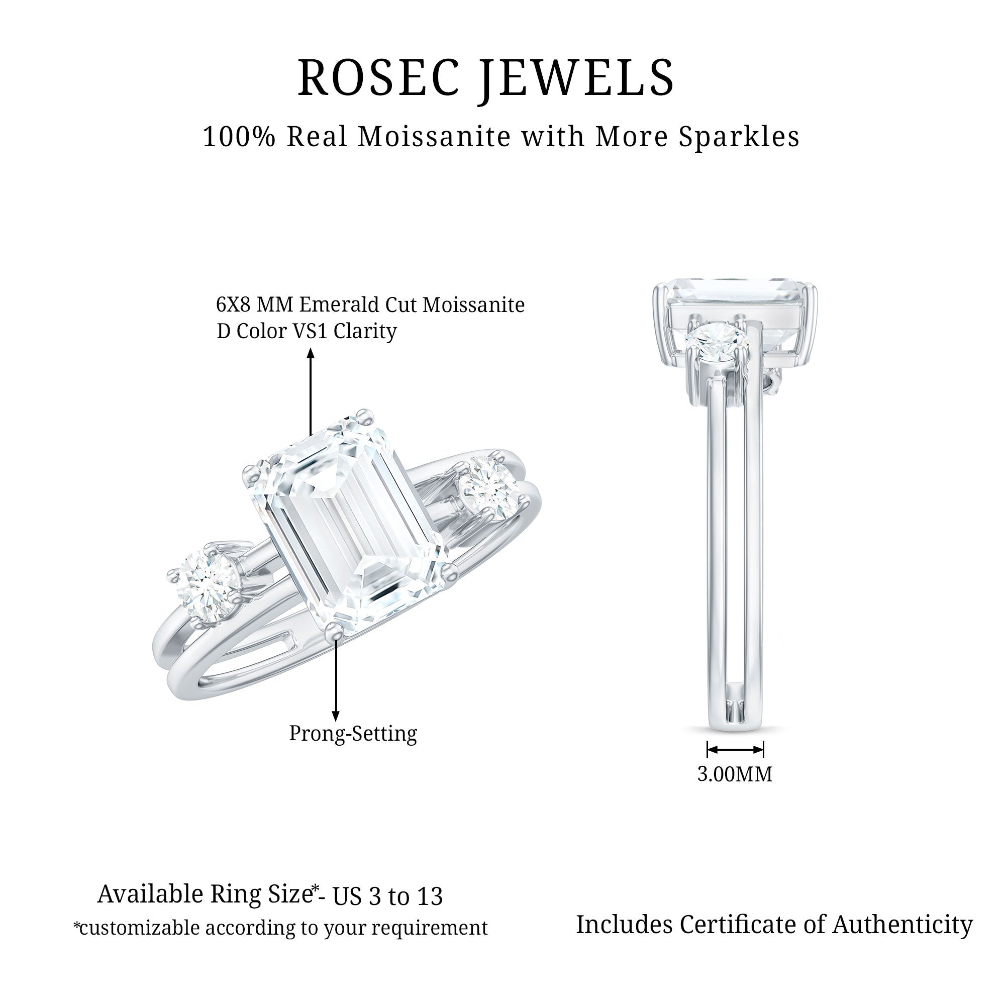 6x8mm Emerald Cut Moissanite Solitaire Double Band Engagement Ring