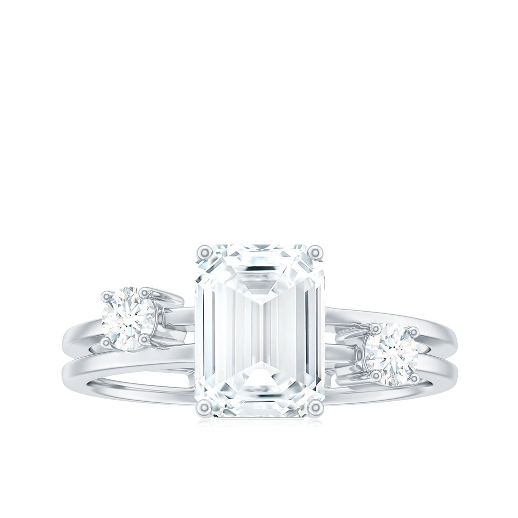 6x8mm Emerald Cut Moissanite Solitaire Double Band Engagement Ring
