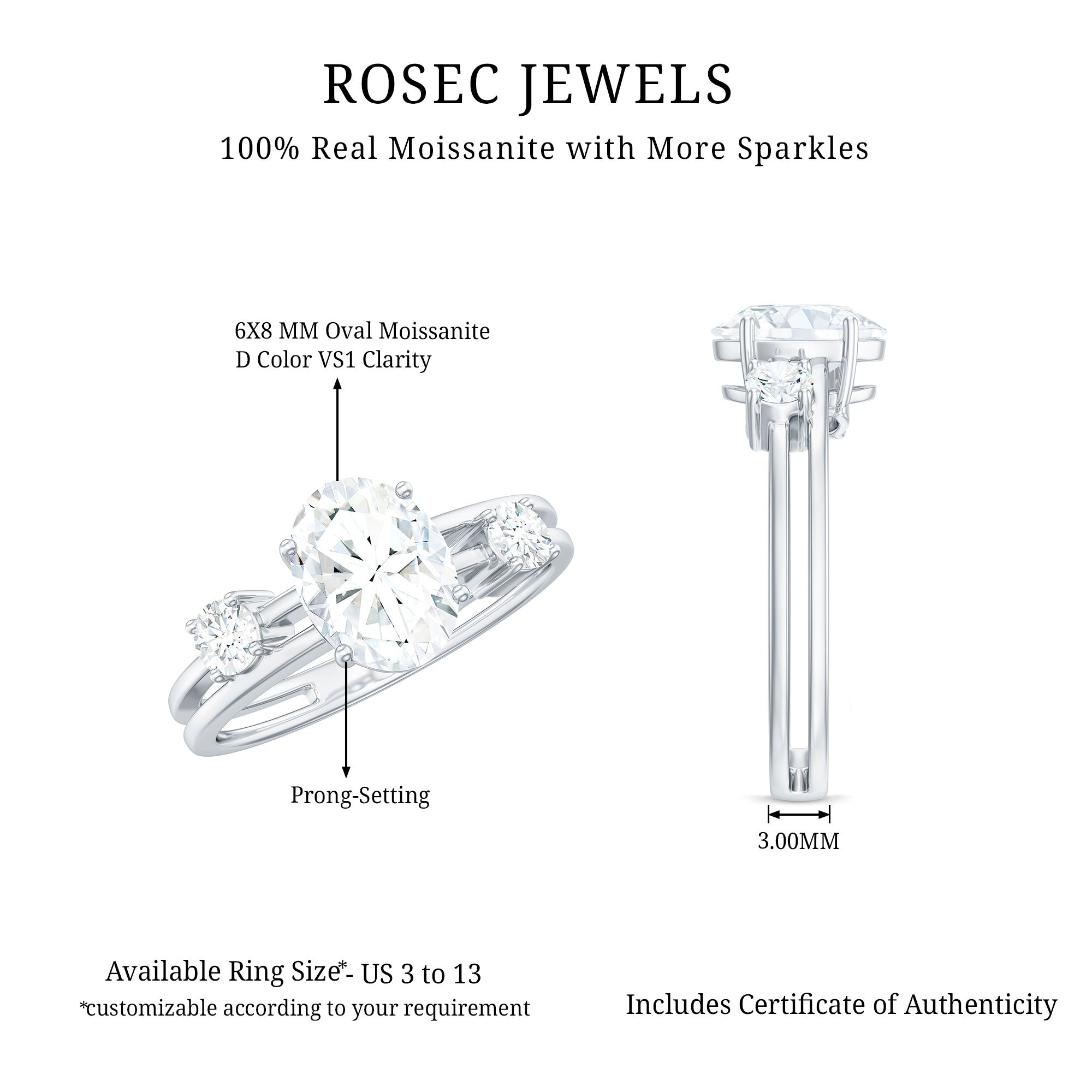 6X8mm Oval Cut Certified Moissanite Solitaire Engagement Ring