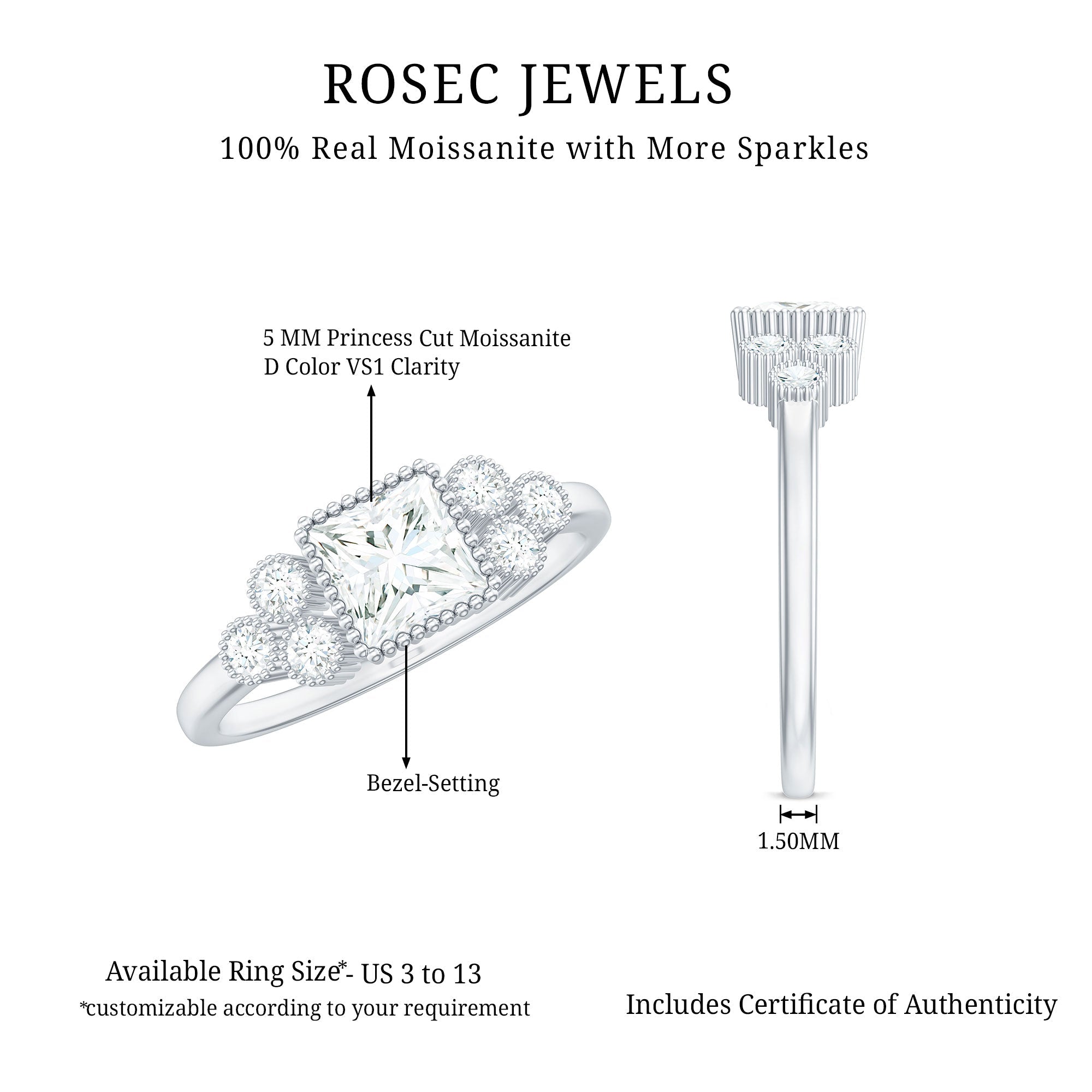 5x5mm Princess Cut Moissanite Classic Solitaire Engagement Ring