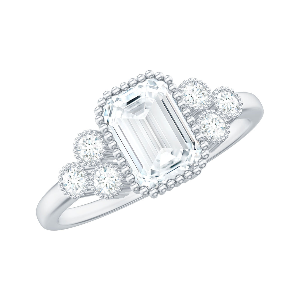 6x8mm Emerald Cut Moissanite Classic Engagement Ring with Beaded Details