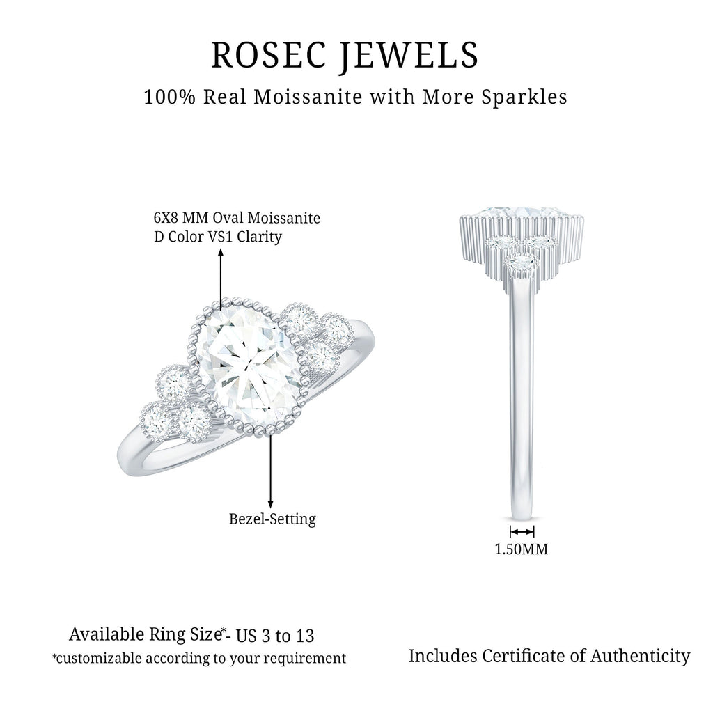 6x8mm Oval Cut Moissanite Classic Engagement Ring with Trio