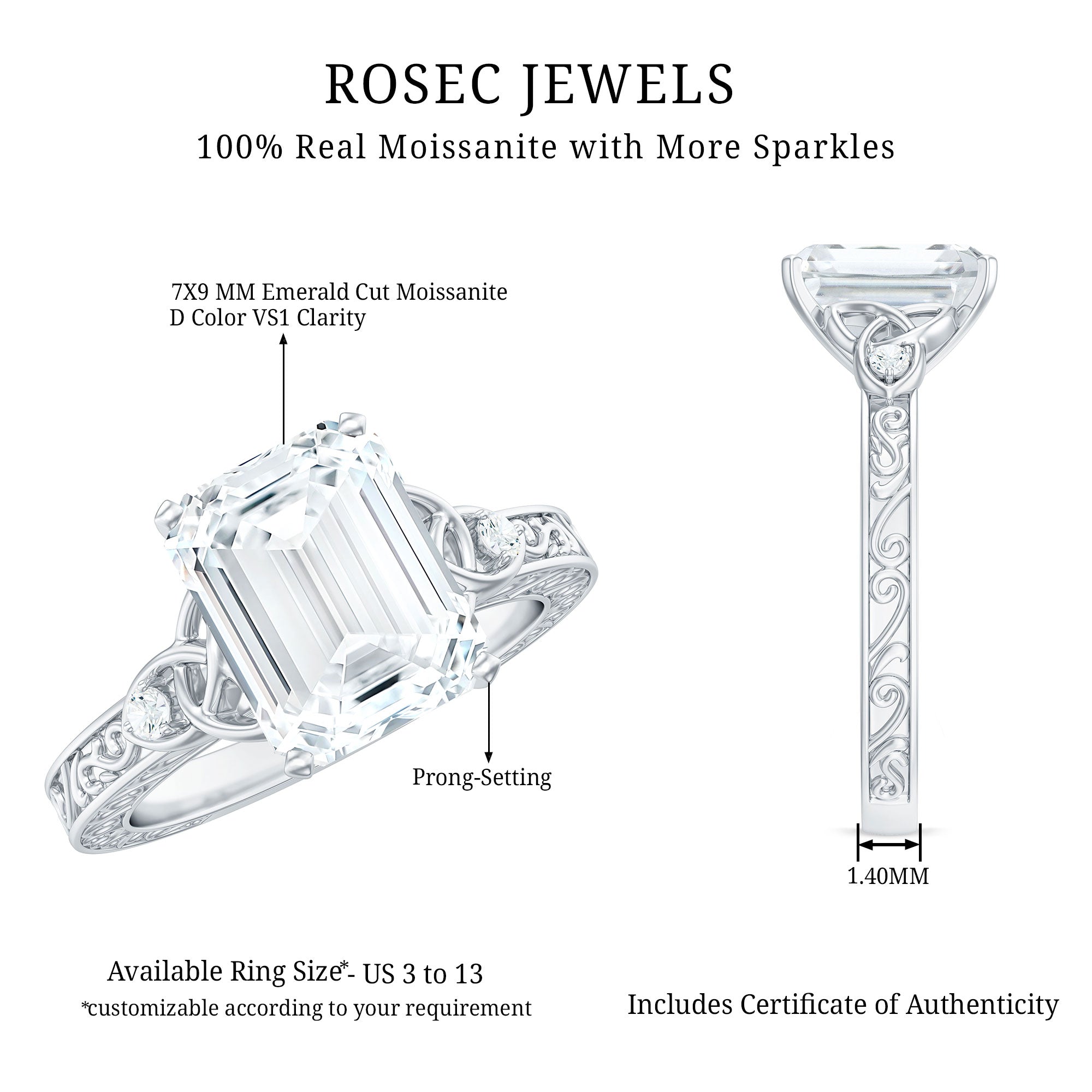 7X9 mm Emerald Cut Moissanite Solitaire Celtic Ring with Engraved Shank