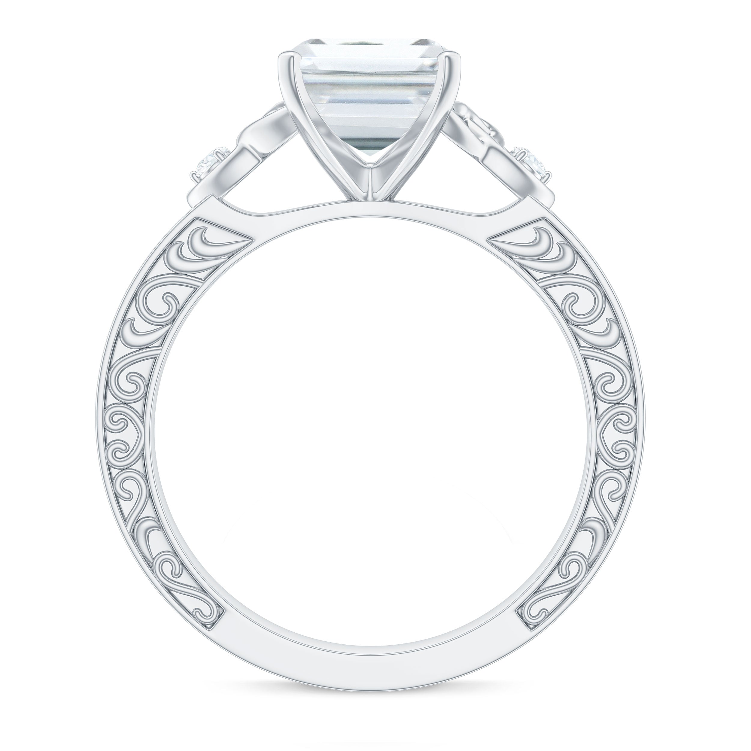 7X9 mm Emerald Cut Moissanite Solitaire Celtic Ring with Engraved Shank