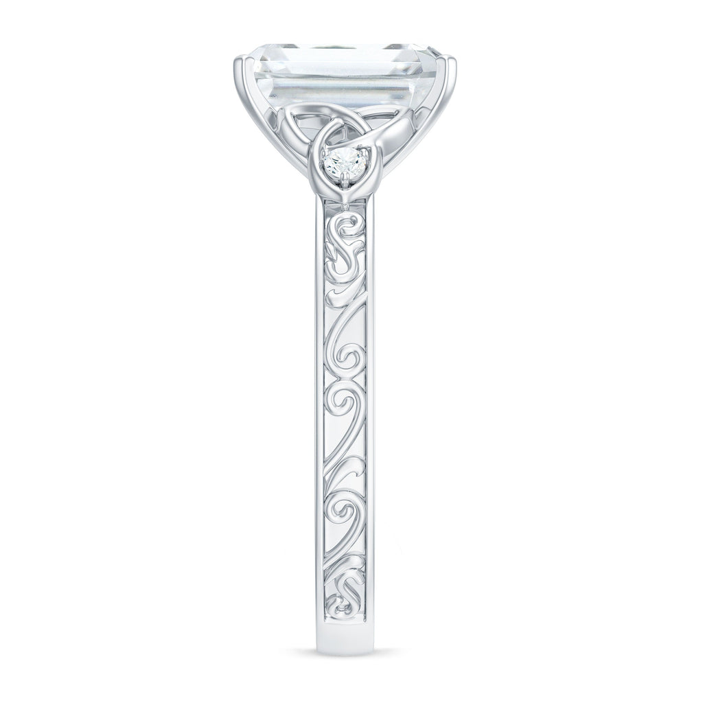 7X9 mm Emerald Cut Moissanite Solitaire Celtic Ring with Engraved Shank