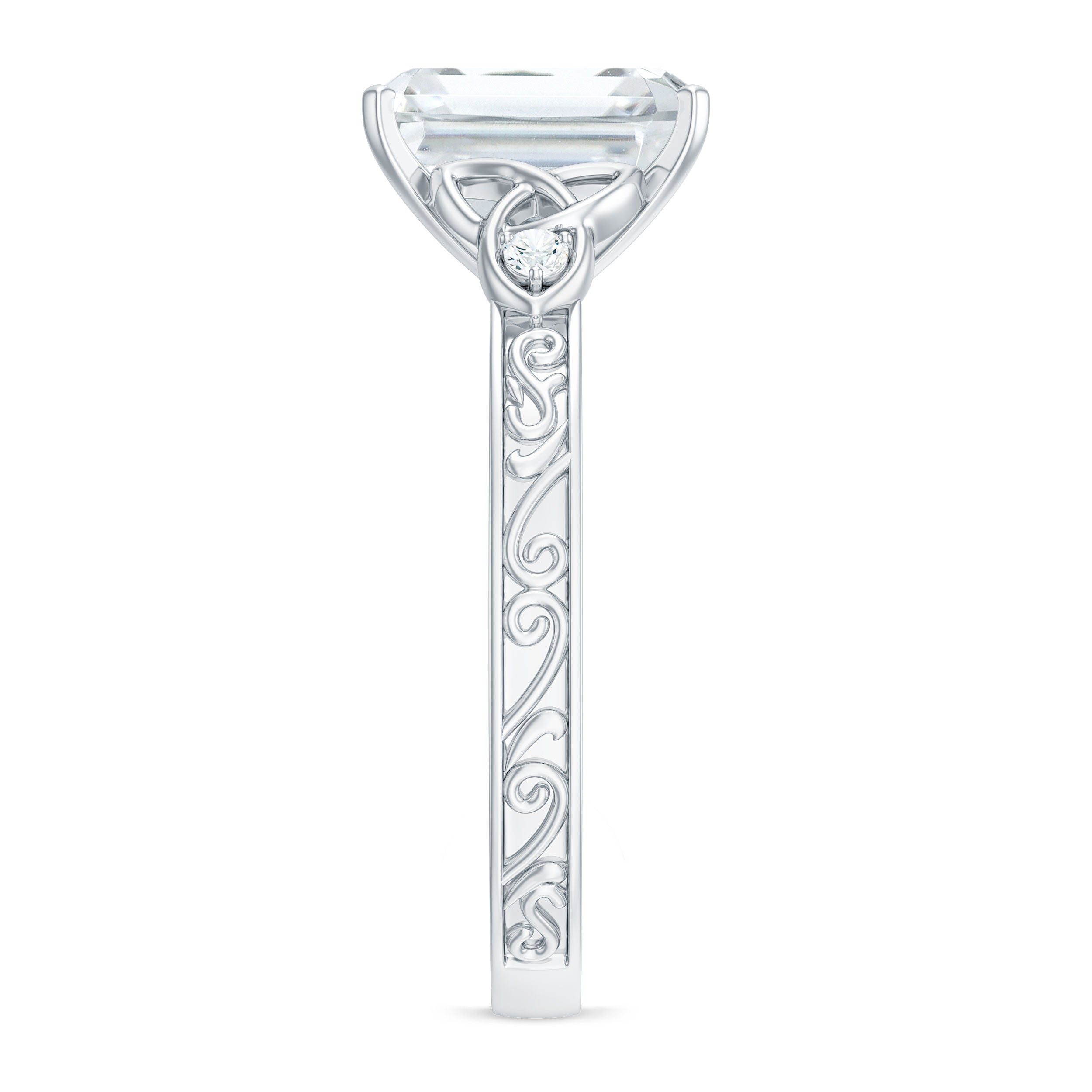 7X9 mm Emerald Cut Moissanite Solitaire Celtic Ring with Engraved Shank