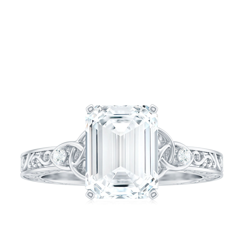 7X9 mm Emerald Cut Moissanite Solitaire Celtic Ring with Engraved Shank