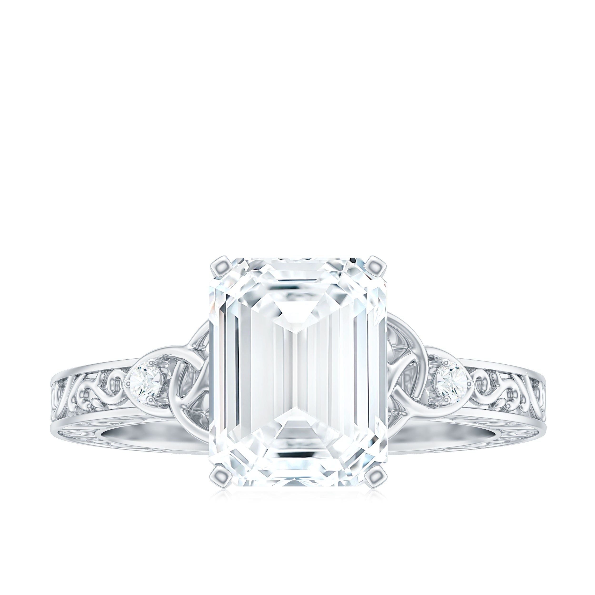 7X9 mm Emerald Cut Moissanite Solitaire Celtic Ring with Engraved Shank