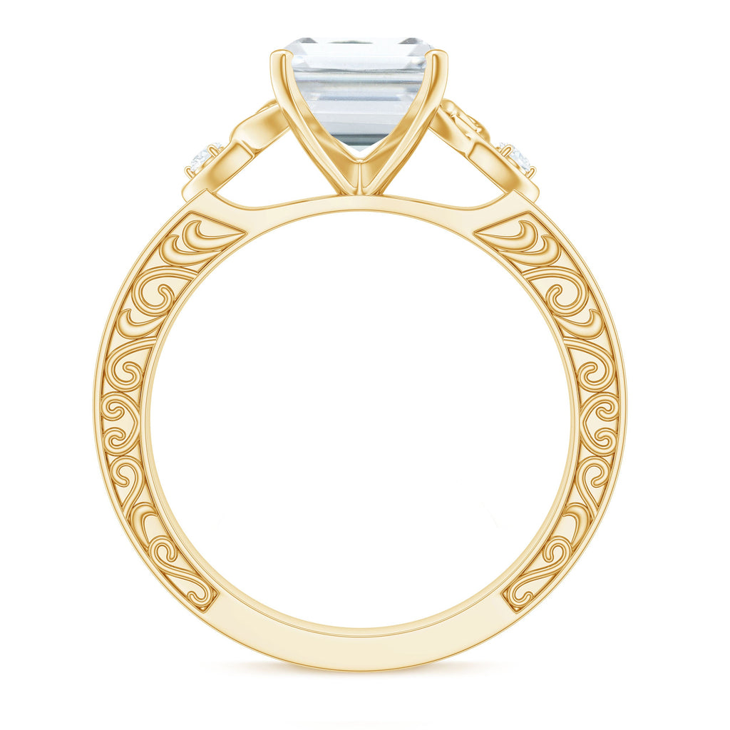 7X9 mm Emerald Cut Moissanite Solitaire Celtic Ring with Engraved Shank