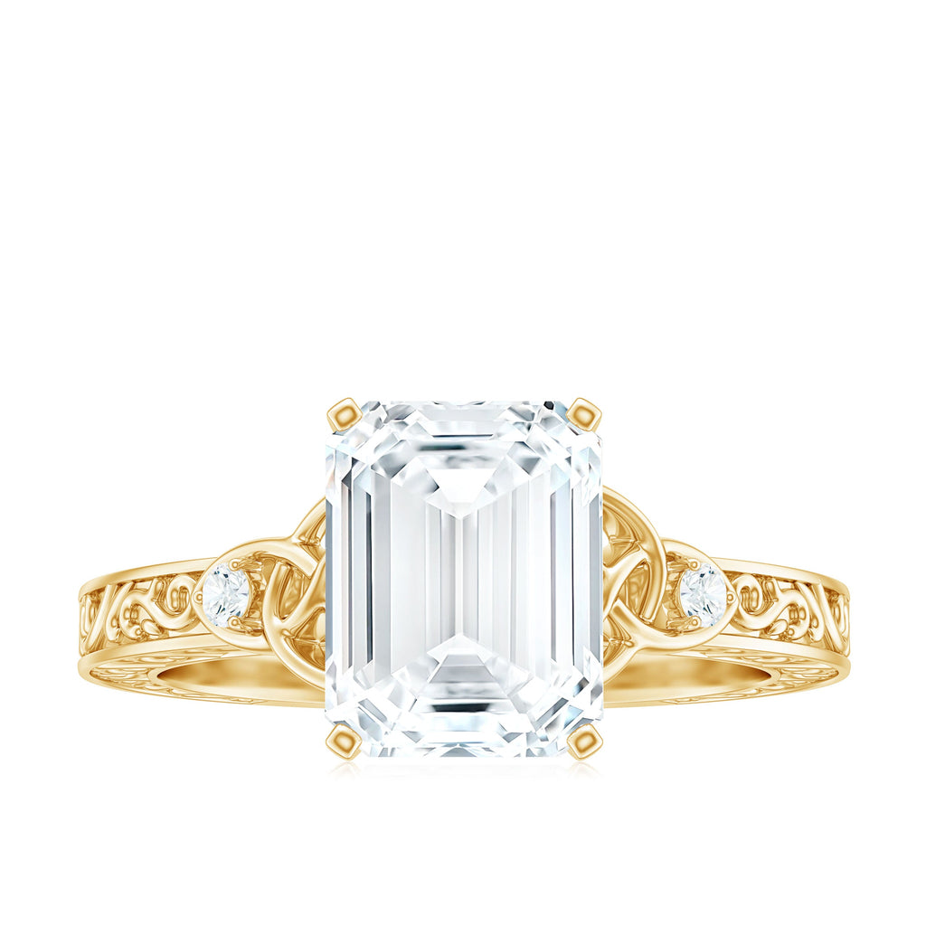 7X9 mm Emerald Cut Moissanite Solitaire Celtic Ring with Engraved Shank