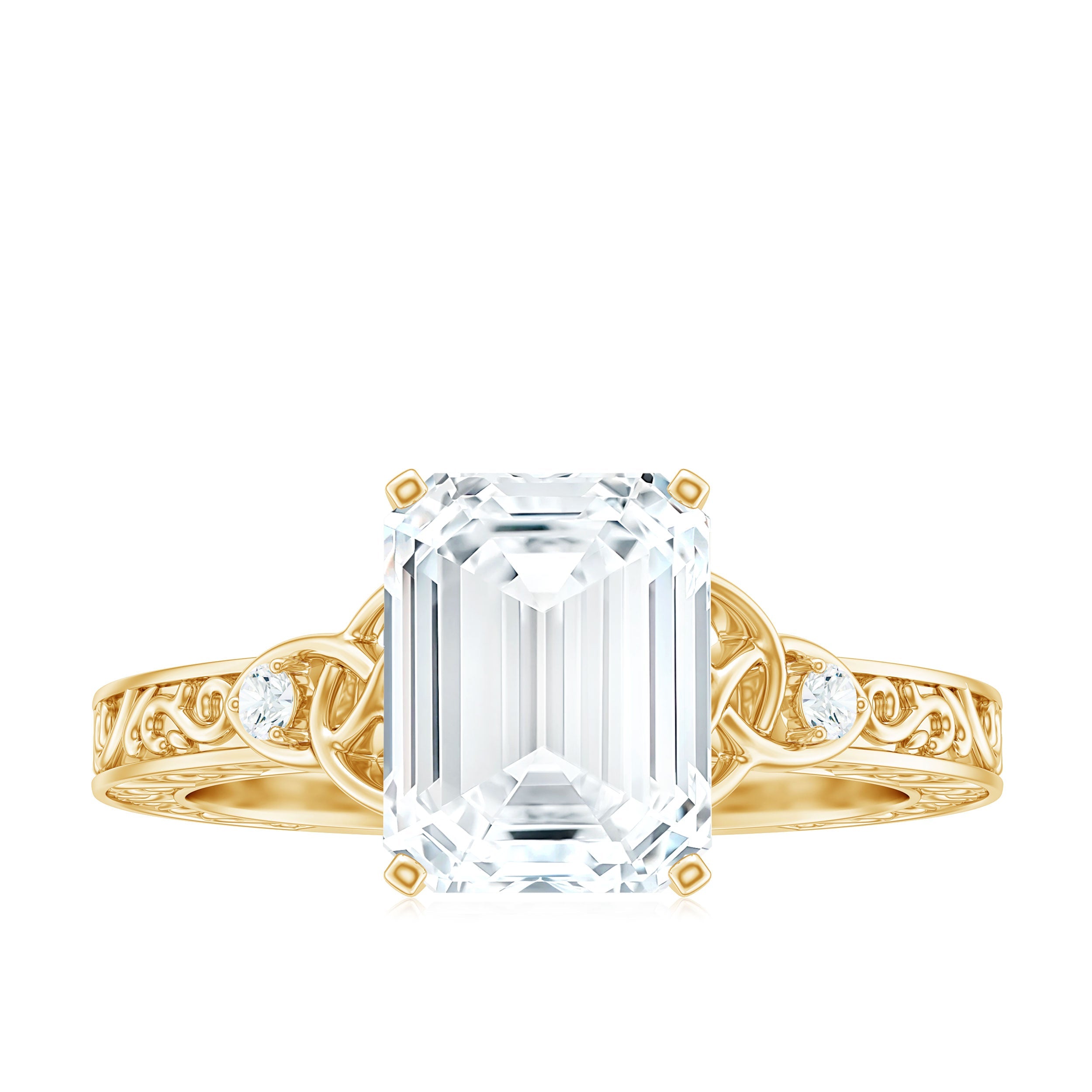 7X9 mm Emerald Cut Moissanite Solitaire Celtic Ring with Engraved Shank