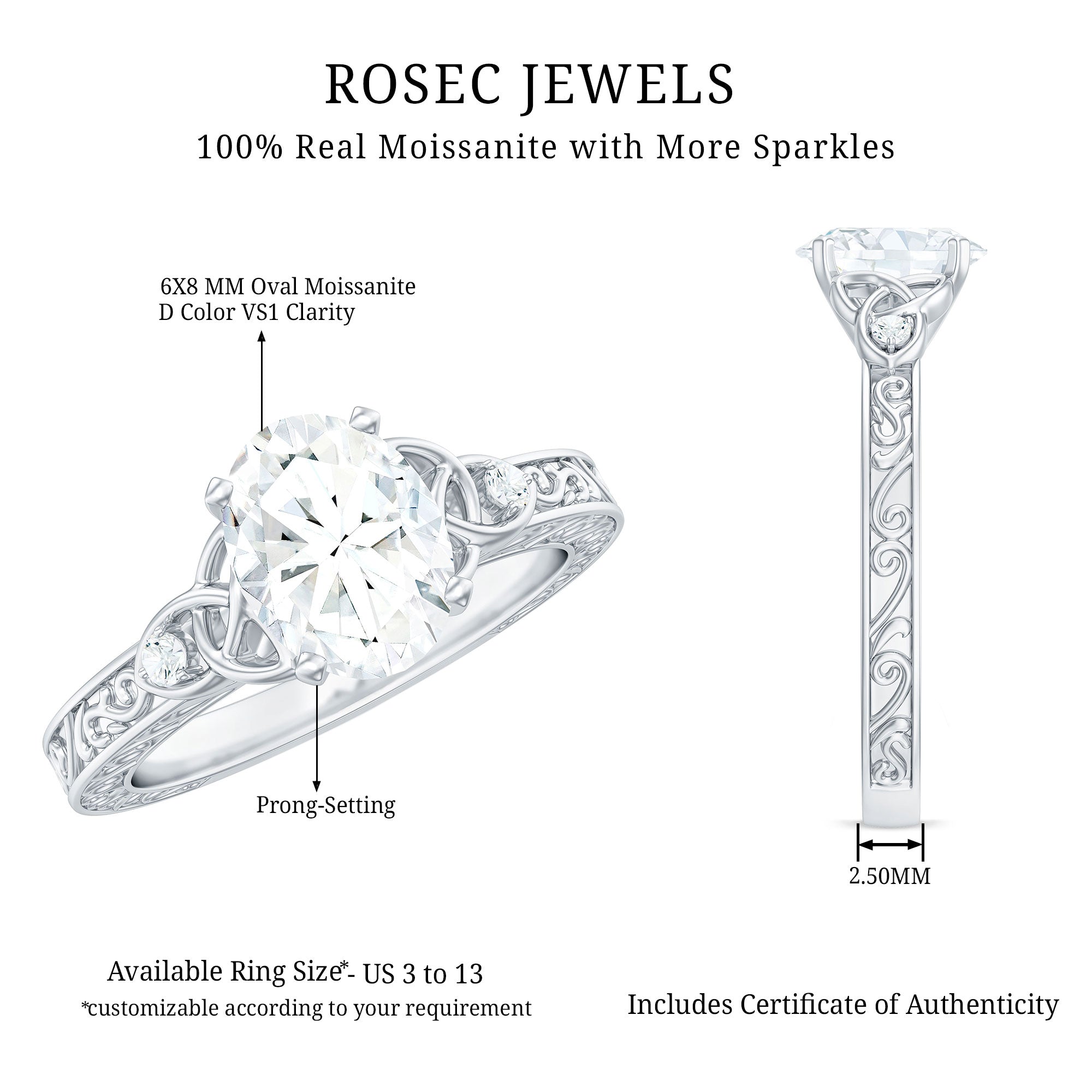 6x8mm Oval Cut Moissanite Celtic Engagement Ring with Engraving Details