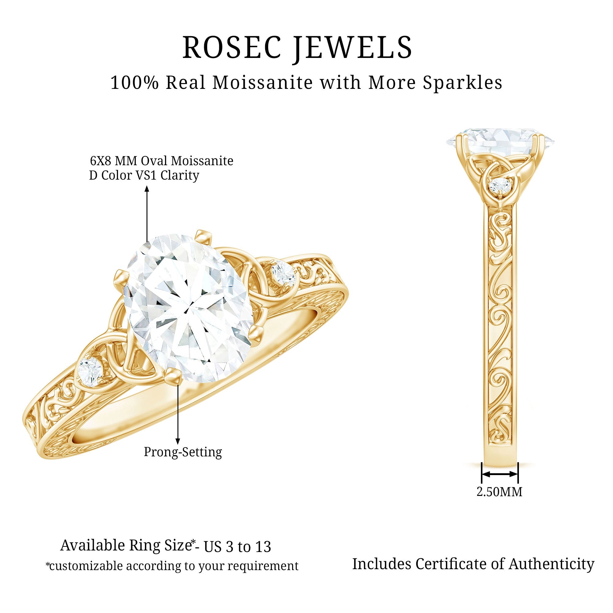 6x8mm Oval Cut Moissanite Celtic Engagement Ring with Engraving Details