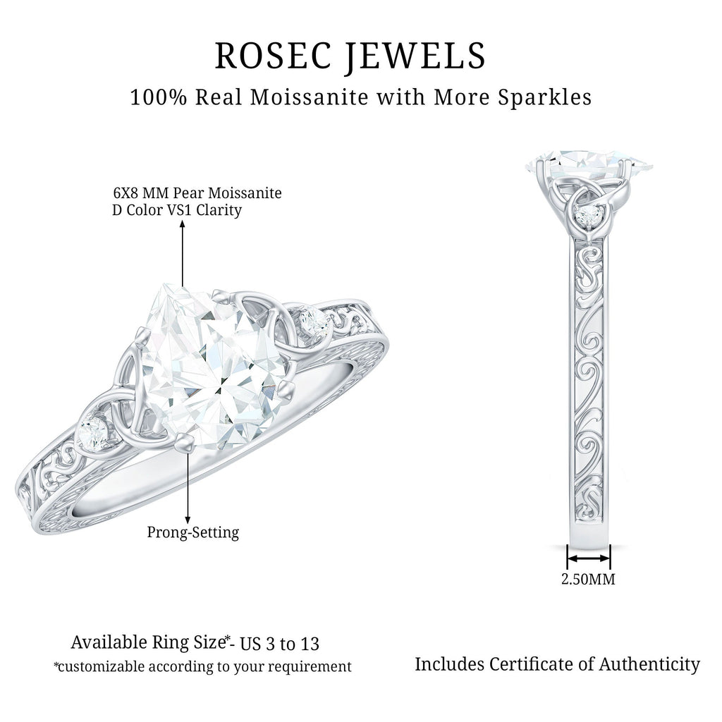 6X8 MM Certified Moissanite Teardrop Solitaire Engagement Ring with Engraved Shank