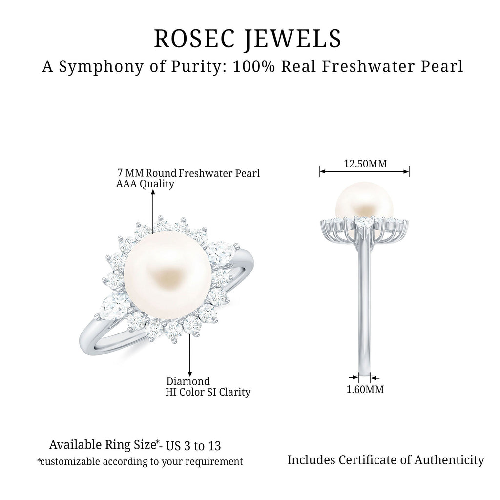 Classic Freshwater Pearl Halo Engagement Ring with Diamond