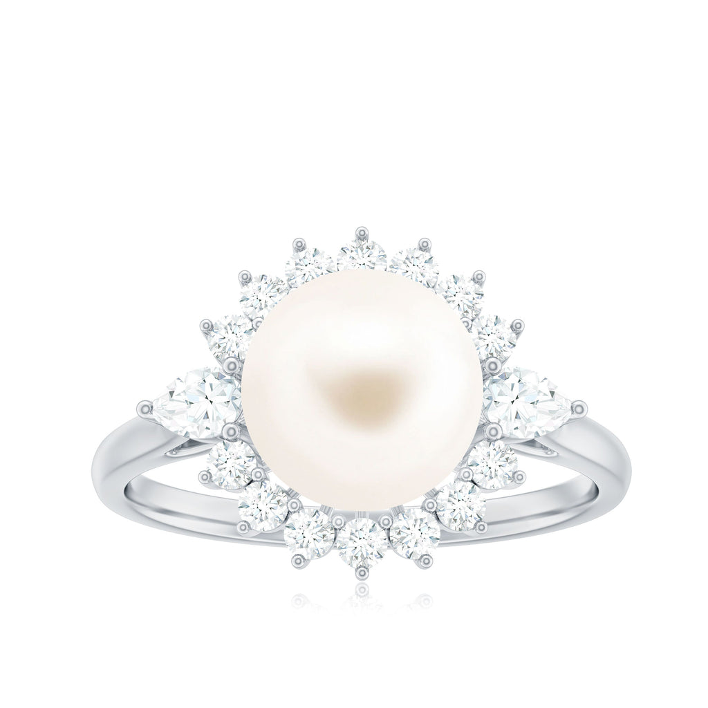 Classic Freshwater Pearl Halo Engagement Ring with Diamond