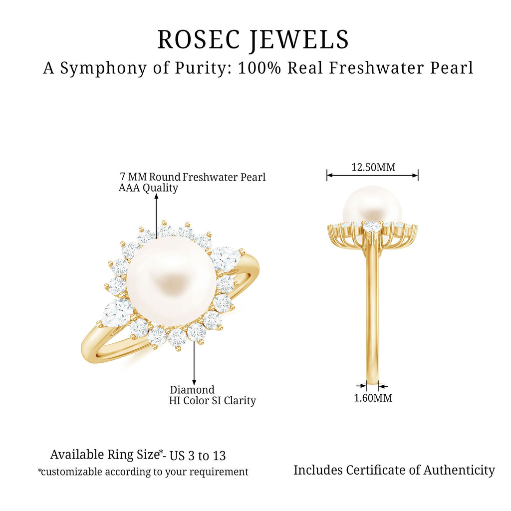 Classic Freshwater Pearl Halo Engagement Ring with Diamond