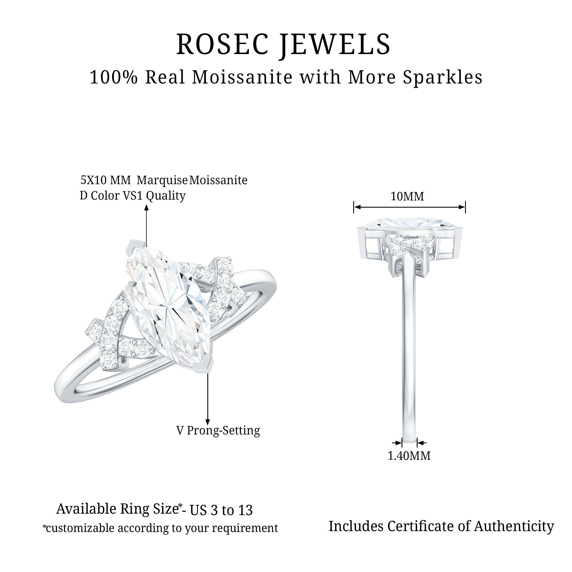 5X10 MM Moissanite Marquise Engagement Ring in Split Shank
