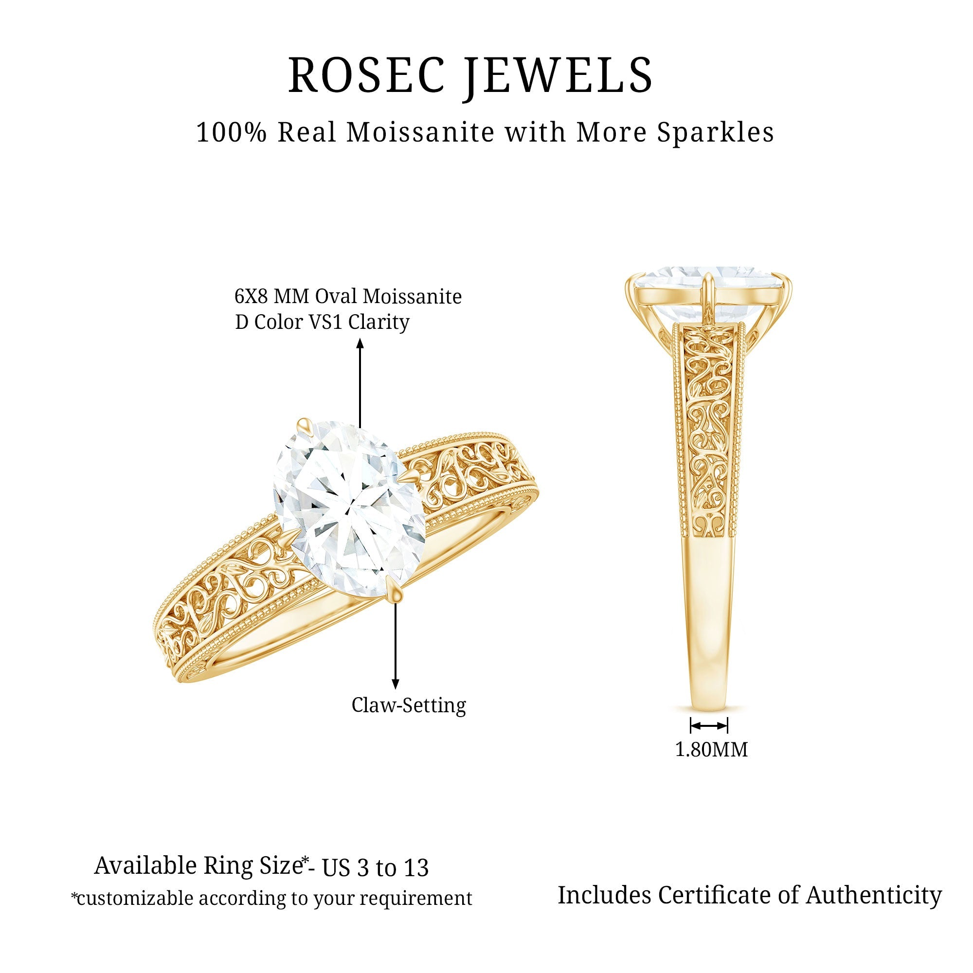 6X8mm Moissanite Oblong Engagement Ring with Filigree Shank