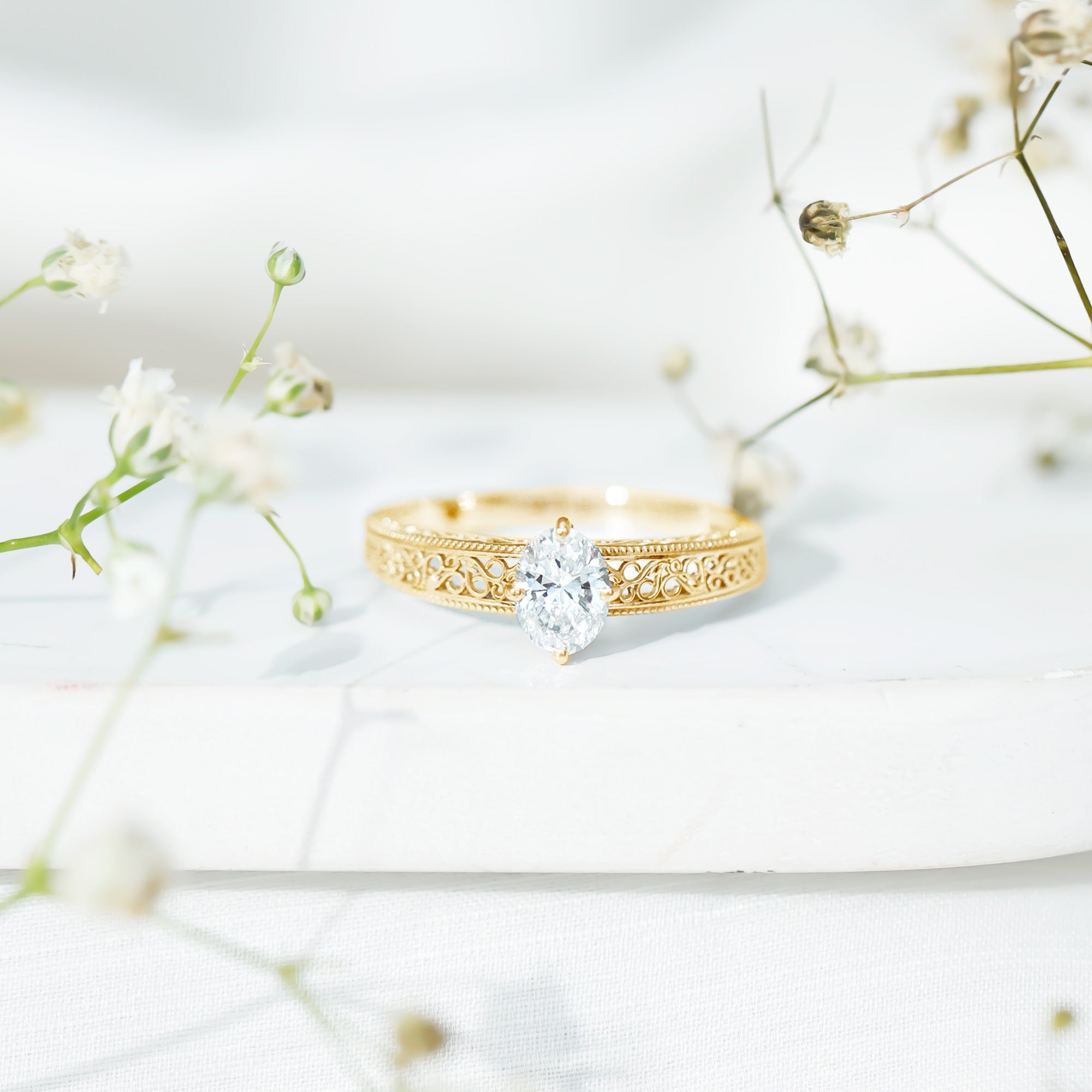 6X8mm Moissanite Oblong Engagement Ring with Filigree Shank