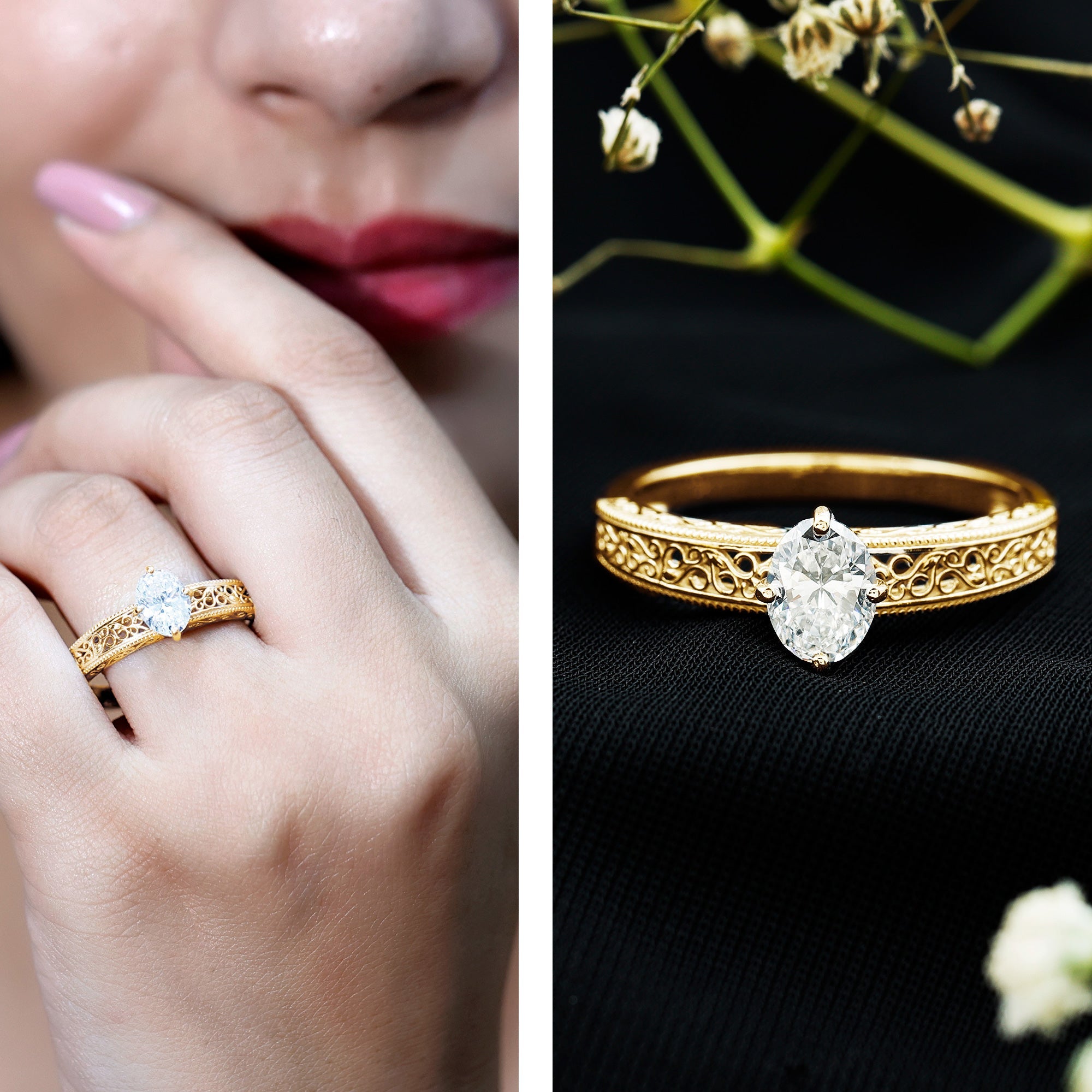 6X8mm Moissanite Oblong Engagement Ring with Filigree Shank