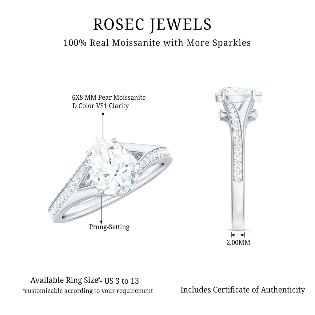 6X8mm Pear Cut Moissanite Solitaire Engagement Ring with Split Shank