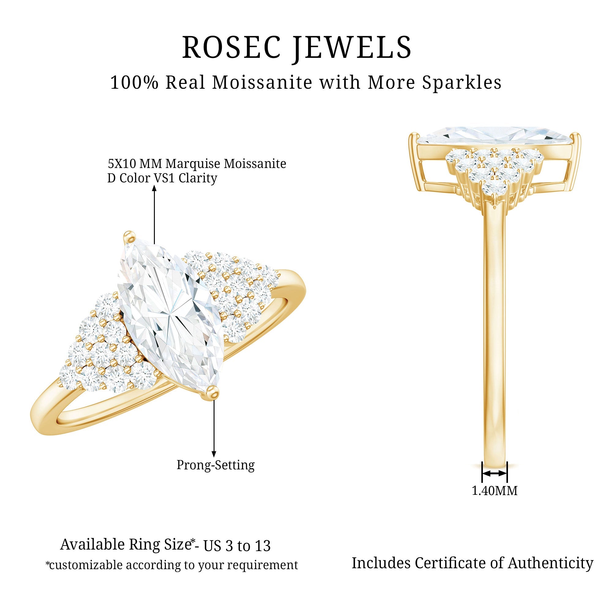 5X10mm Marquise Cut Moissanite Classic Engagement Ring