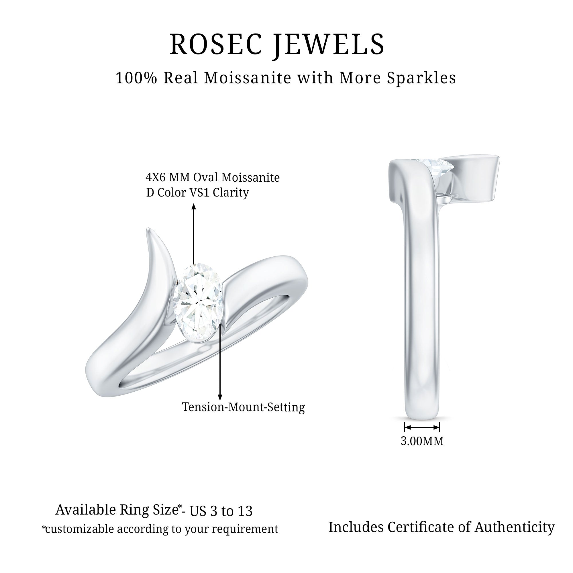 4x6mm Oval Cut Moissanite Solitaire Bypass Ring