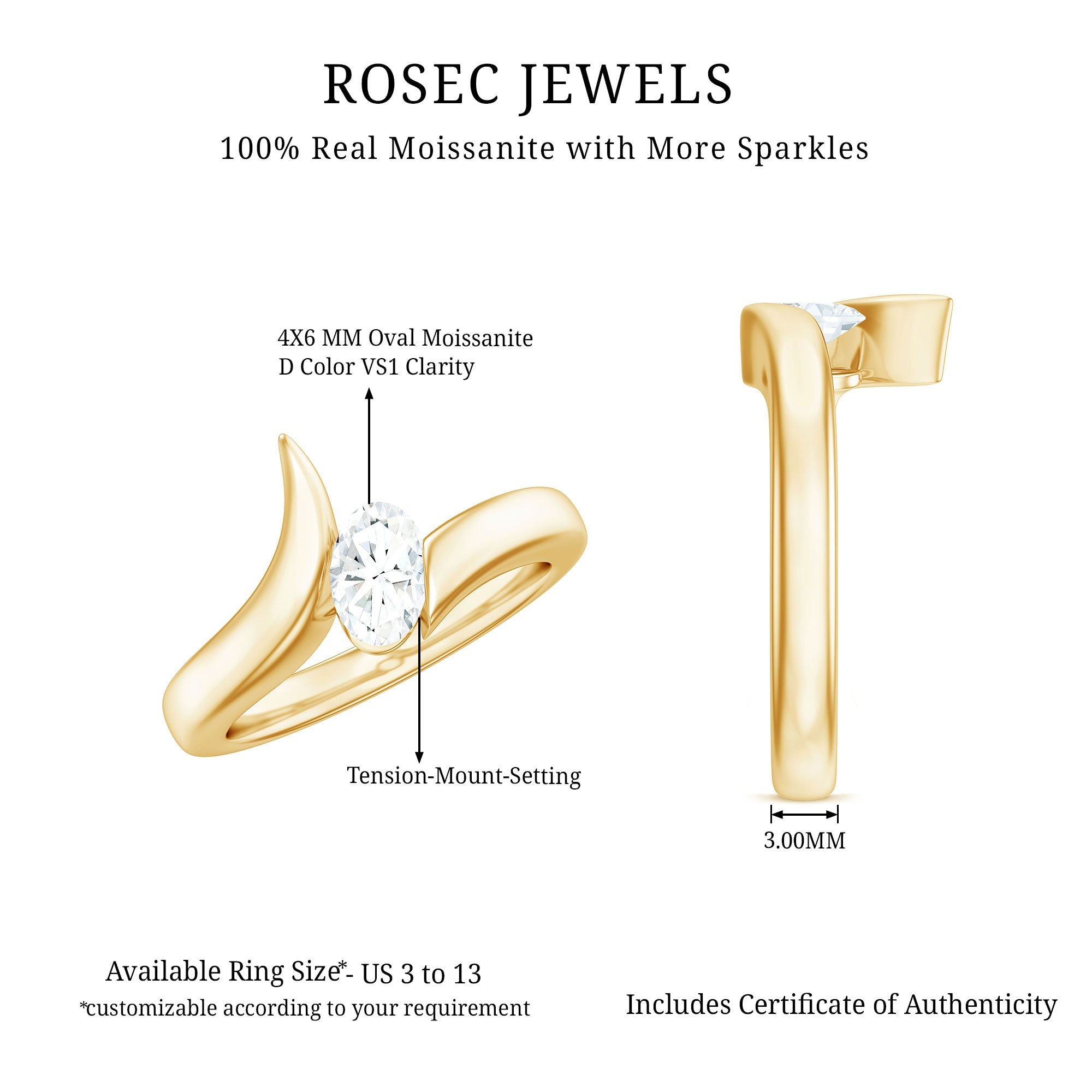 4x6mm Oval Cut Moissanite Solitaire Bypass Ring
