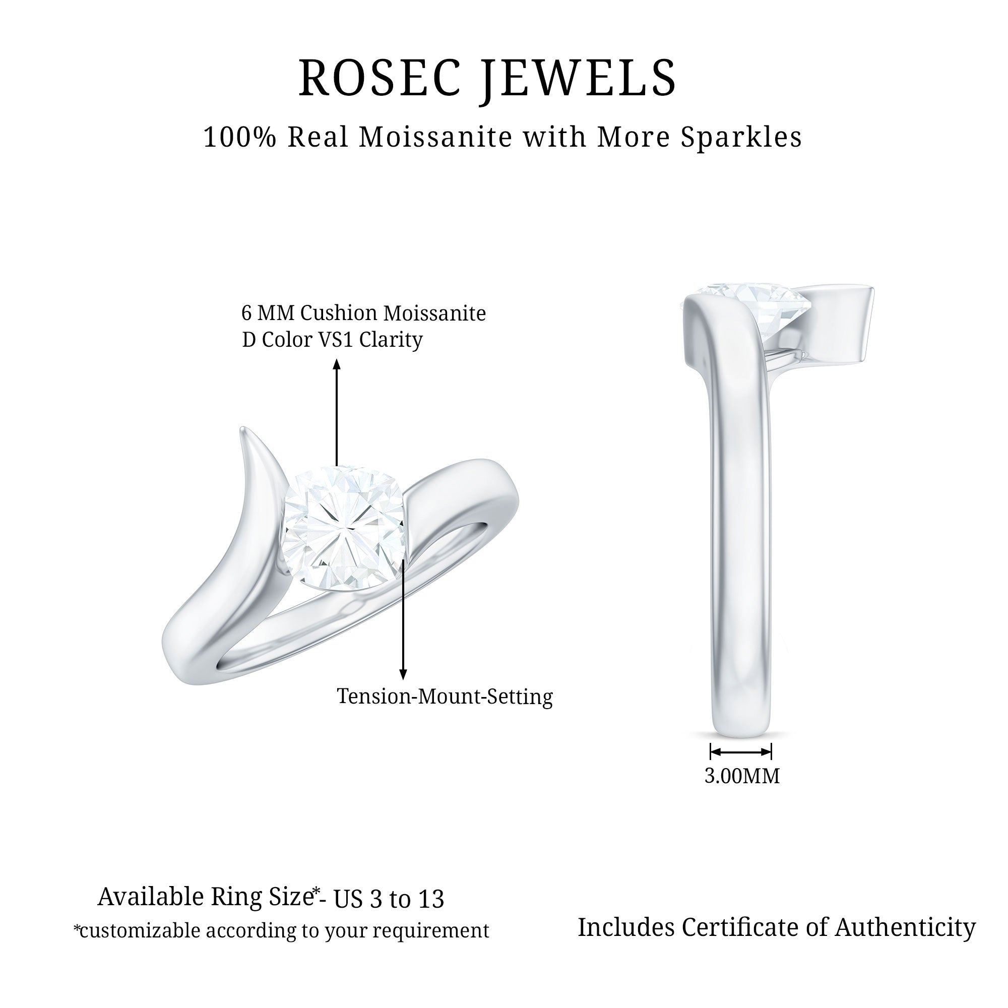6X6 MM Cushion Cut Moissanite Solitaire Engagement Ring with Bypass Shank
