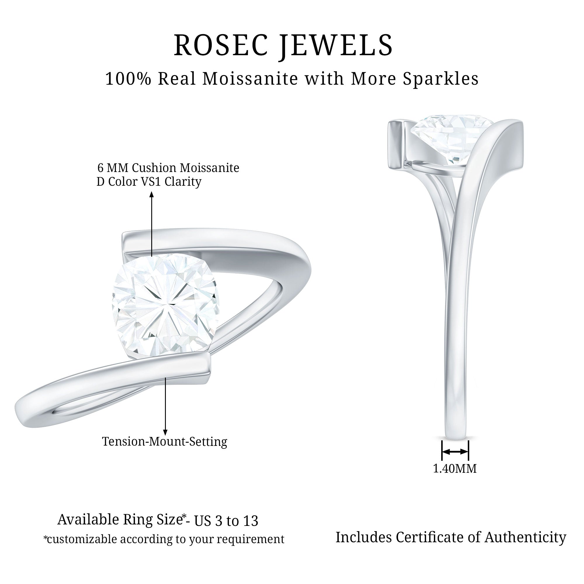 6 mm Cushion Cut Moissanite Solitaire Engagement Ring